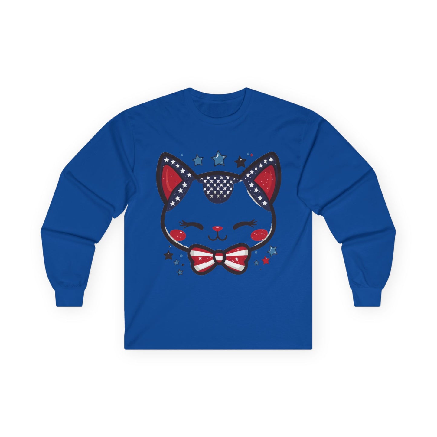 Cute Patriotic Cat Long Sleeve Tee, Unisex Cotton Shirt, Cat Lover Gift, 4th of July Tee, Fun Casual Wear, Holiday Apparel