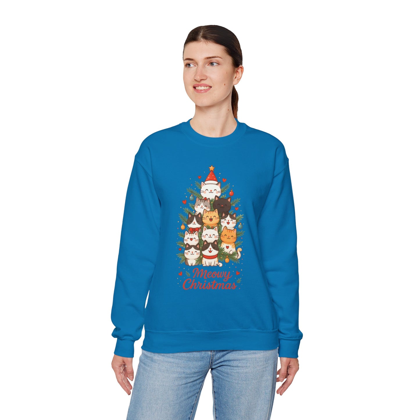 Women's Meowy Christmas Cat Sweatshirt, Cute Holiday Kitty Pullover