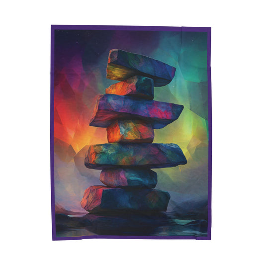 Aurora Balance Stones Blanket, Northern Lights Inukshuk Throw, Zen Meditation Art Blanket, Colorful Spiritual Aurora Decor, sizes: 60x80".