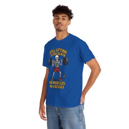 Funny Skeleton Gym T-Shirt, Still Lifting After Death, Funny Workout Shirt for Men, Fitness Gift, Halloween Apparel, Unisex Cotton Tee