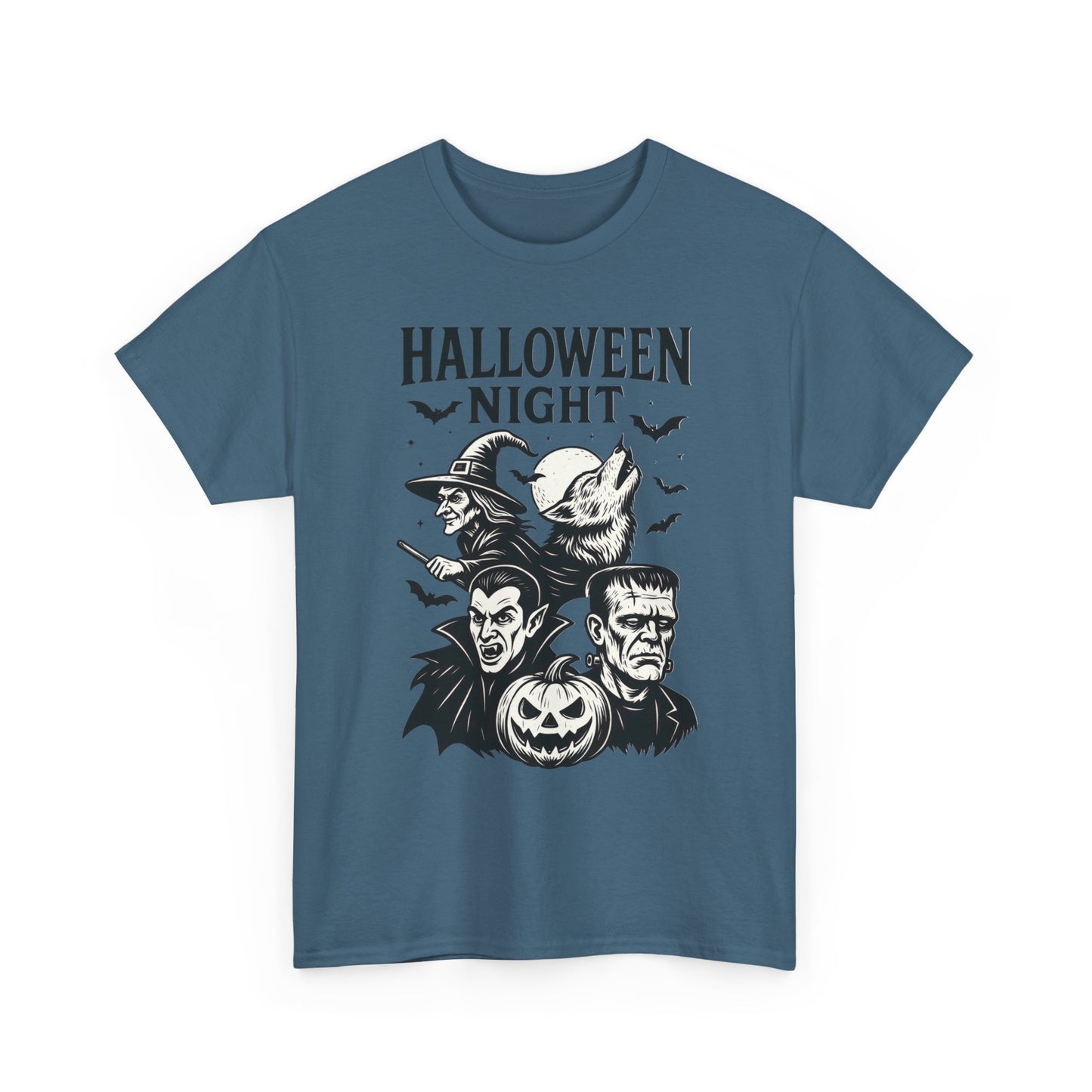 Halloween Night Men's T-Shirt, Classic Monsters Graphic Tee, Witch, Vampire, Frankenstein, Werewolf