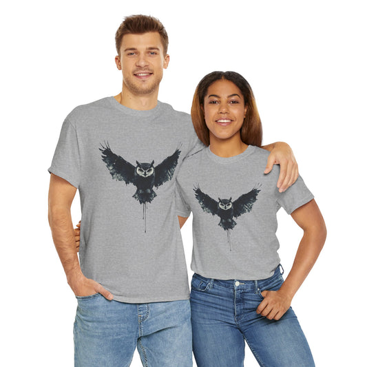 Cool Owl Graphic Unisex Heavy Cotton Tee, Flying Owl Ink Art T-Shirt, Nature Lover Gift, Animal Print Tee, Gothic Bird Graphic Tee