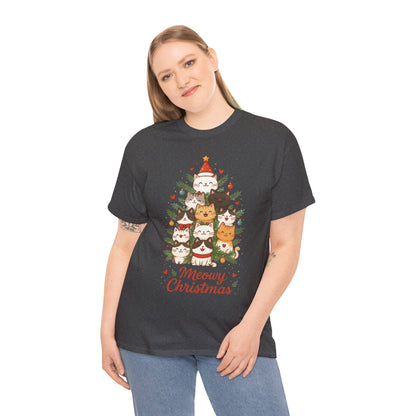 Women's Meowy Christmas Cat T-Shirt, Cute Holiday Kitty Tree Tee
