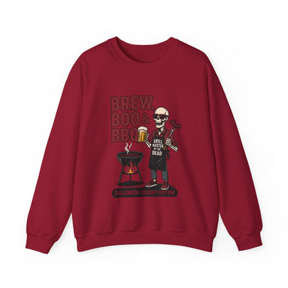 Halloween BBQ Men's Sweatshirt, Brew Boo & BBQ Skeleton Grill Master, Spooky Dad Gift, Skeleton Dad Sweat, Grill Master Crew