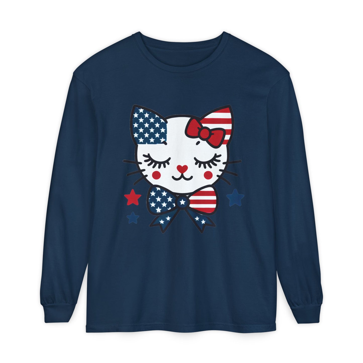 Patriotic Cat Long Sleeve T-Shirt, Women's Tee, Perfect for Fourth of July, Animal Lover Gift, Cozy Casual Wear, Holiday Apparel