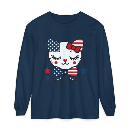 Patriotic Cat Long Sleeve T-Shirt, Women's Tee, Perfect for Fourth of July, Animal Lover Gift, Cozy Casual Wear, Holiday Apparel