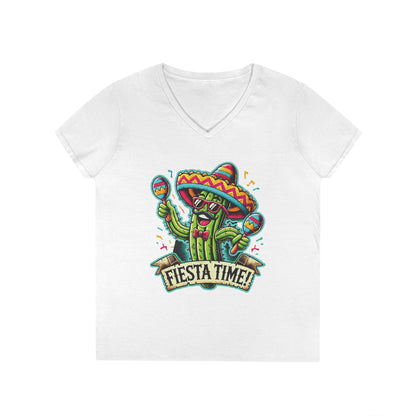 Fiesta Time Cactus Ladies' V-Neck T-Shirt, Funny Sombrero Mexican Party Tee, Cinco de Mayo Gift Idea, Fun Summer Tee, Party Wear