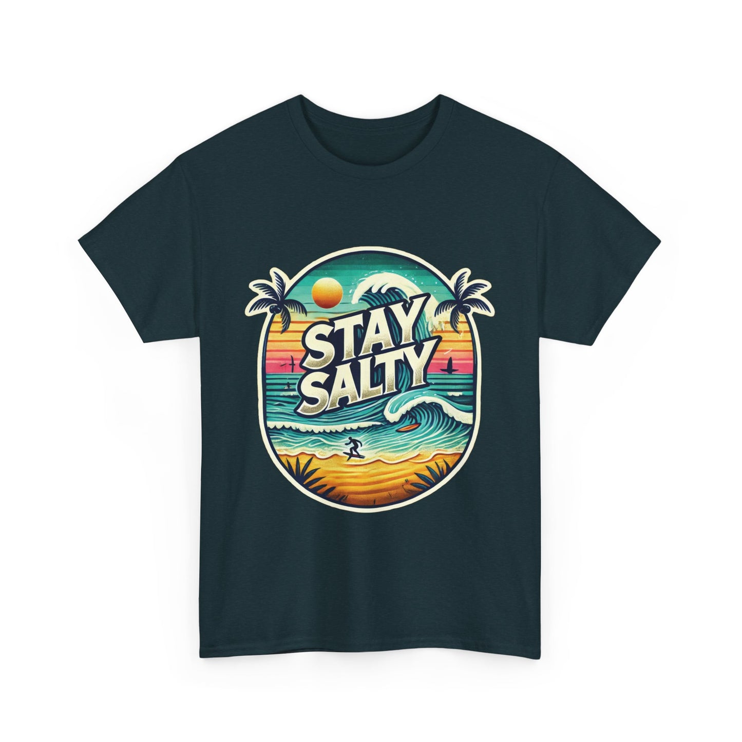 Stay Salty Retro Surf Unisex Heavy Cotton Tee, Vintage Beach Sunset Graphic T-Shirt, Summer Ocean Wave Surfer Shirt, Ocean Lover Gift