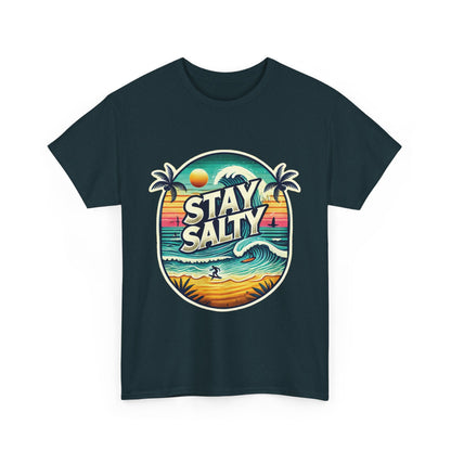 Stay Salty Retro Surf Unisex Heavy Cotton Tee, Vintage Beach Sunset Graphic T-Shirt, Summer Ocean Wave Surfer Shirt, Ocean Lover Gift