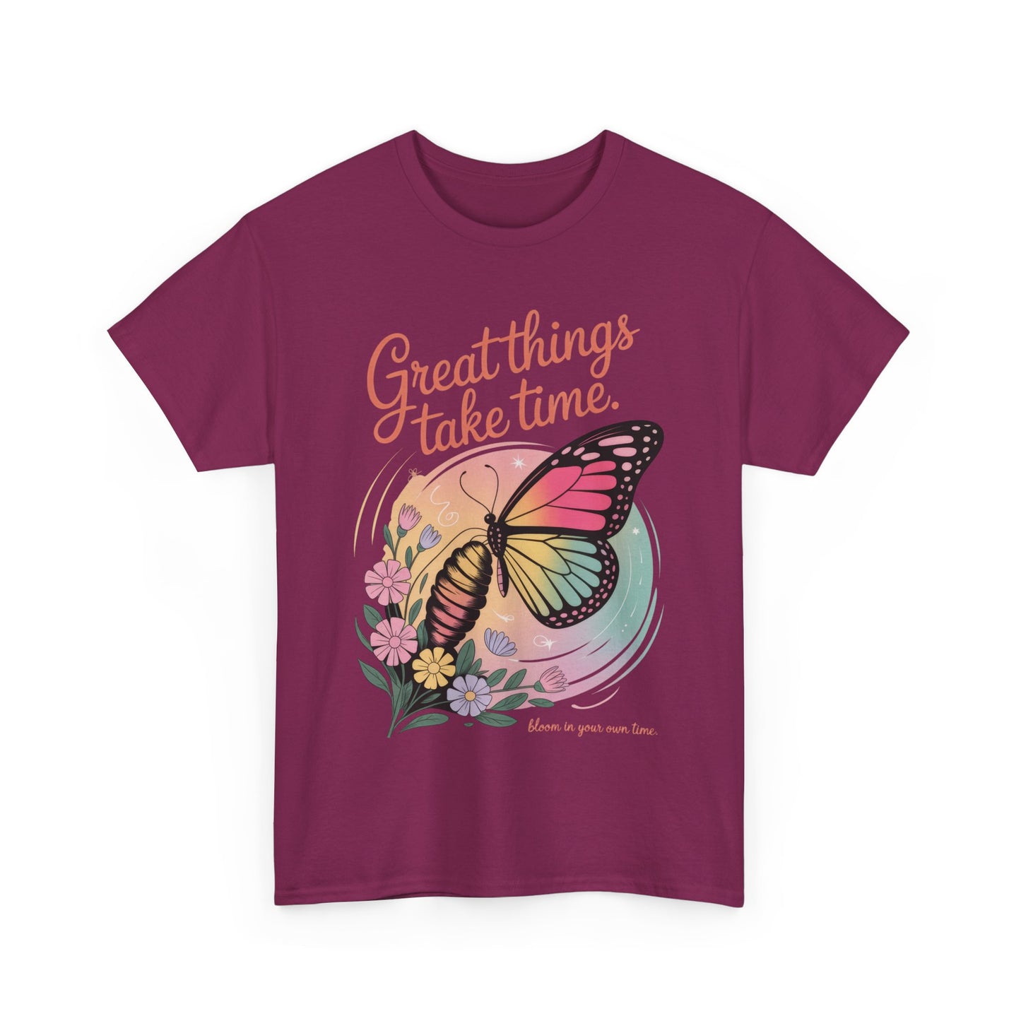 Butterfly Motivational Women's Heavy Cotton Tee, Great Things Take Time Shirt, Gift for Nature Lovers, Inspirational Apparel, Summer Outfit