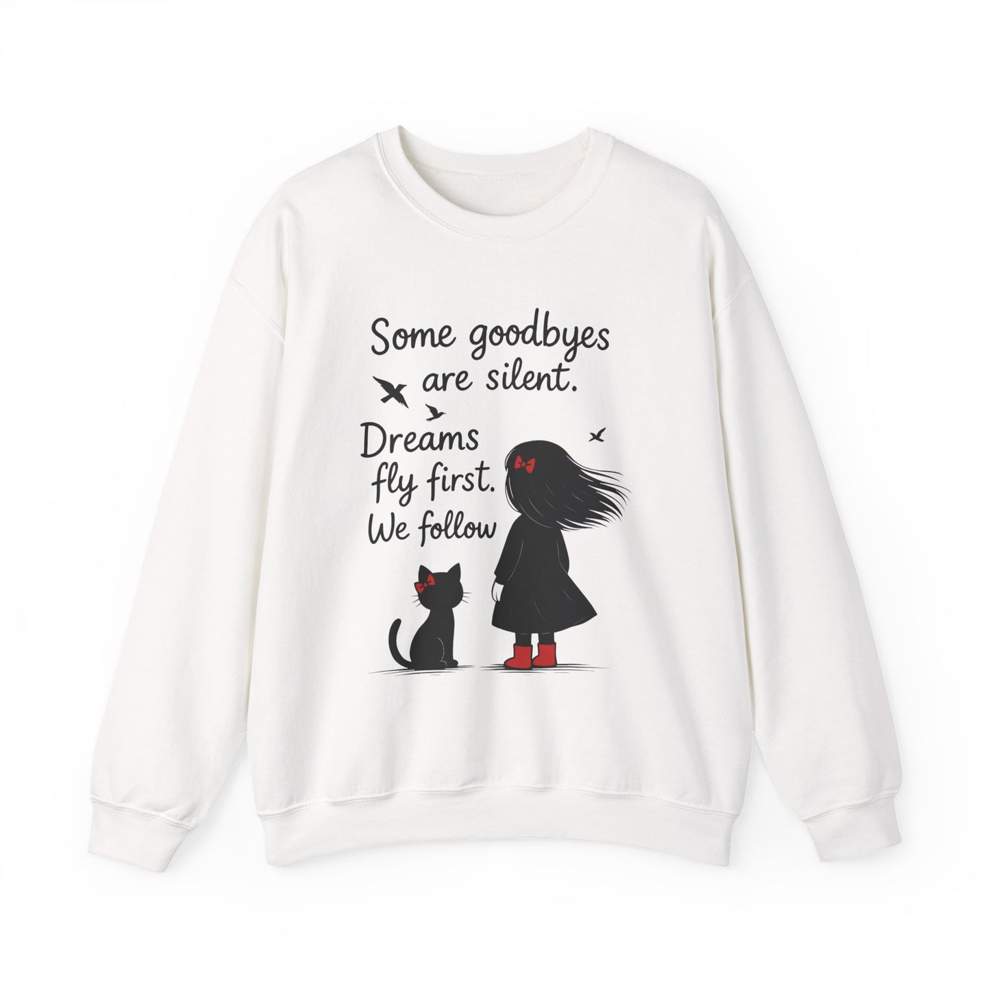 Cozy Farewell Girl & Cat Pullover, Hand Drawn Red Dress Art, Minimalist Womens Crewneck