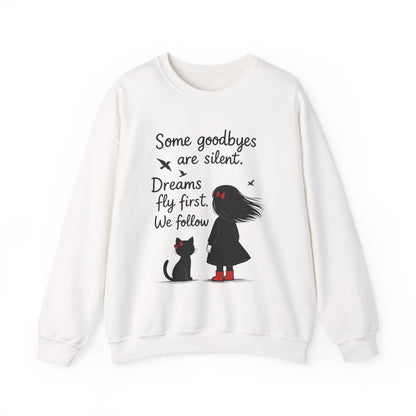 Cozy Farewell Girl & Cat Pullover, Hand Drawn Red Dress Art, Minimalist Womens Crewneck