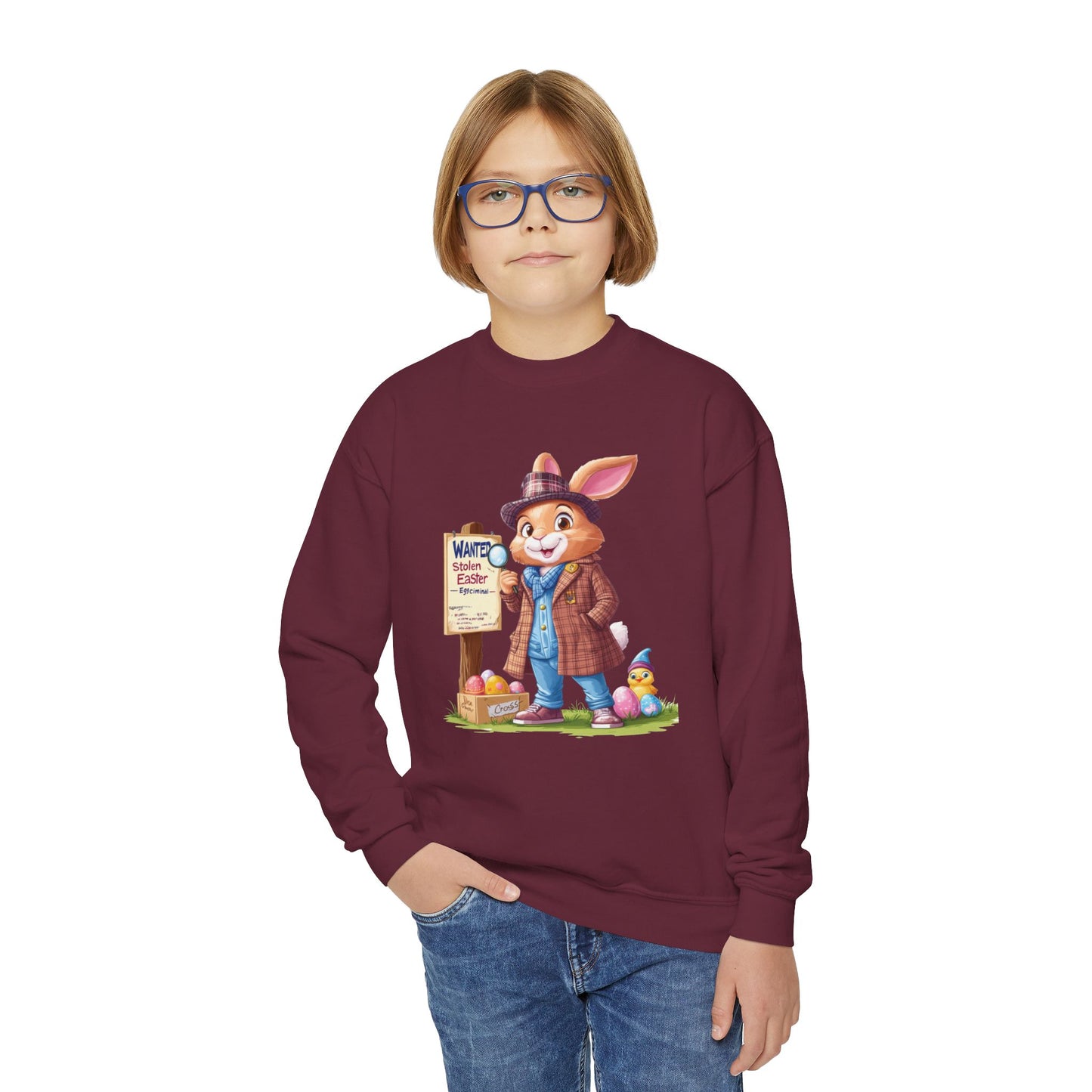 Easter Bunny Detective Kids Sweatshirt - Fun Egg Hunt Design, Cute Spring Holiday Outfit, Youth Crewneck for Boys & Girls, Easter Gift