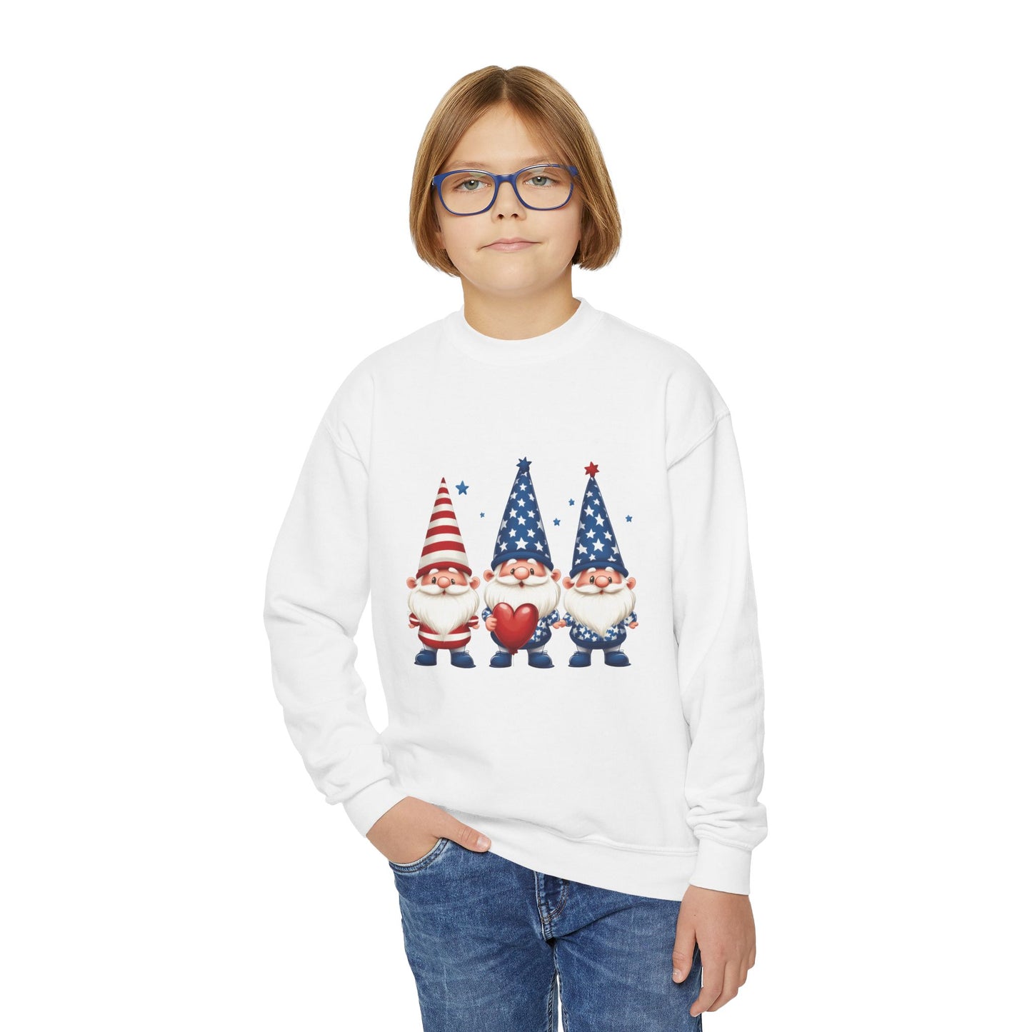 Patriotic Gnome Youth Crewneck Sweatshirt, 4th of July Sweatshirt, Cute Gnome Pullover, Summer Camp Outfit, Kids Holiday Apparel