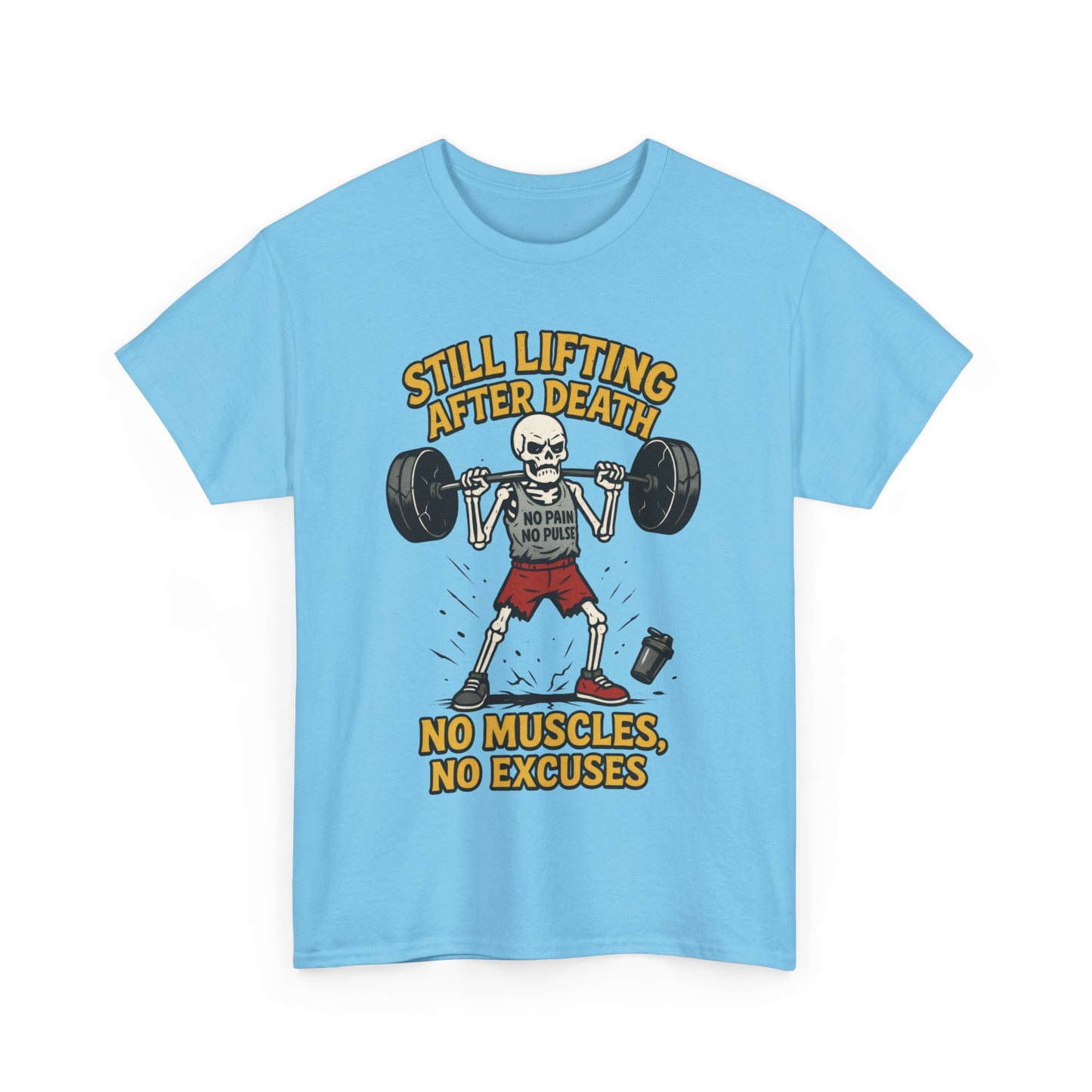 Funny Skeleton Gym T-Shirt, Still Lifting After Death, Funny Workout Shirt for Men, Fitness Gift, Halloween Apparel, Unisex Cotton Tee