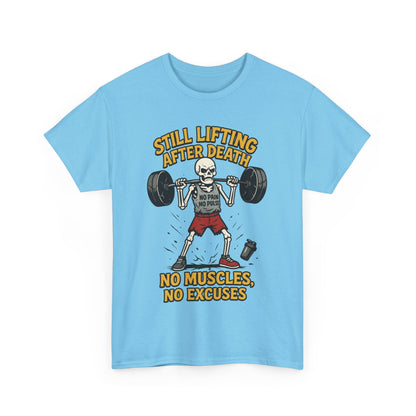 Funny Skeleton Gym T-Shirt, Still Lifting After Death, Funny Workout Shirt for Men, Fitness Gift, Halloween Apparel, Unisex Cotton Tee