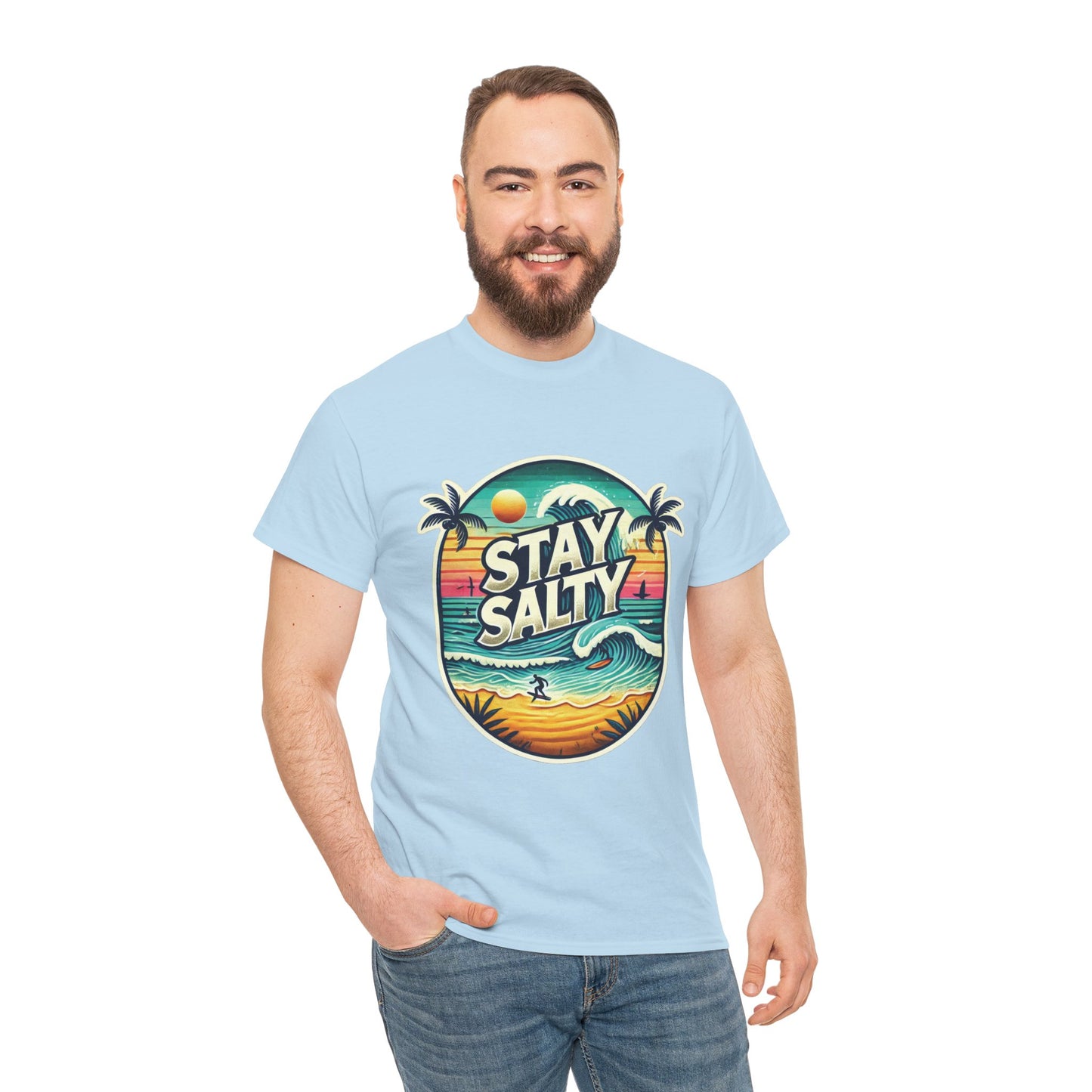 Stay Salty Retro Surf Unisex Heavy Cotton Tee, Vintage Beach Sunset Graphic T-Shirt, Summer Ocean Wave Surfer Shirt, Ocean Lover Gift