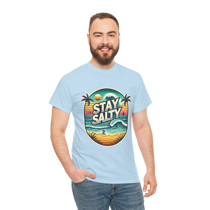 Stay Salty Retro Surf Unisex Heavy Cotton Tee, Vintage Beach Sunset Graphic T-Shirt, Summer Ocean Wave Surfer Shirt, Ocean Lover Gift