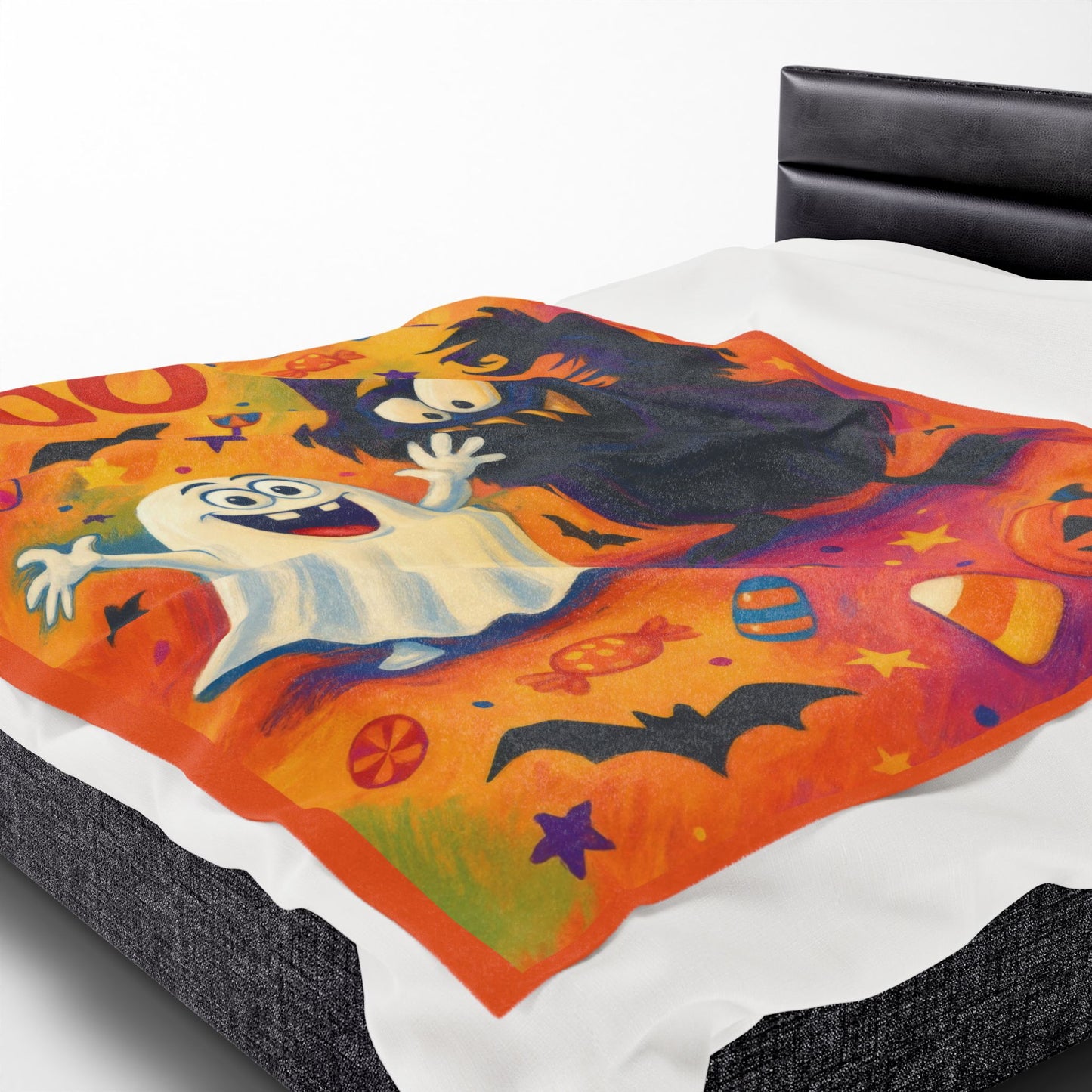 Cute Ghost and Monster Halloween Velveteen Plush Blanket, Fun Kids Throw, Spooky Cute Boo Design, Cozy Fall Blanket Gift