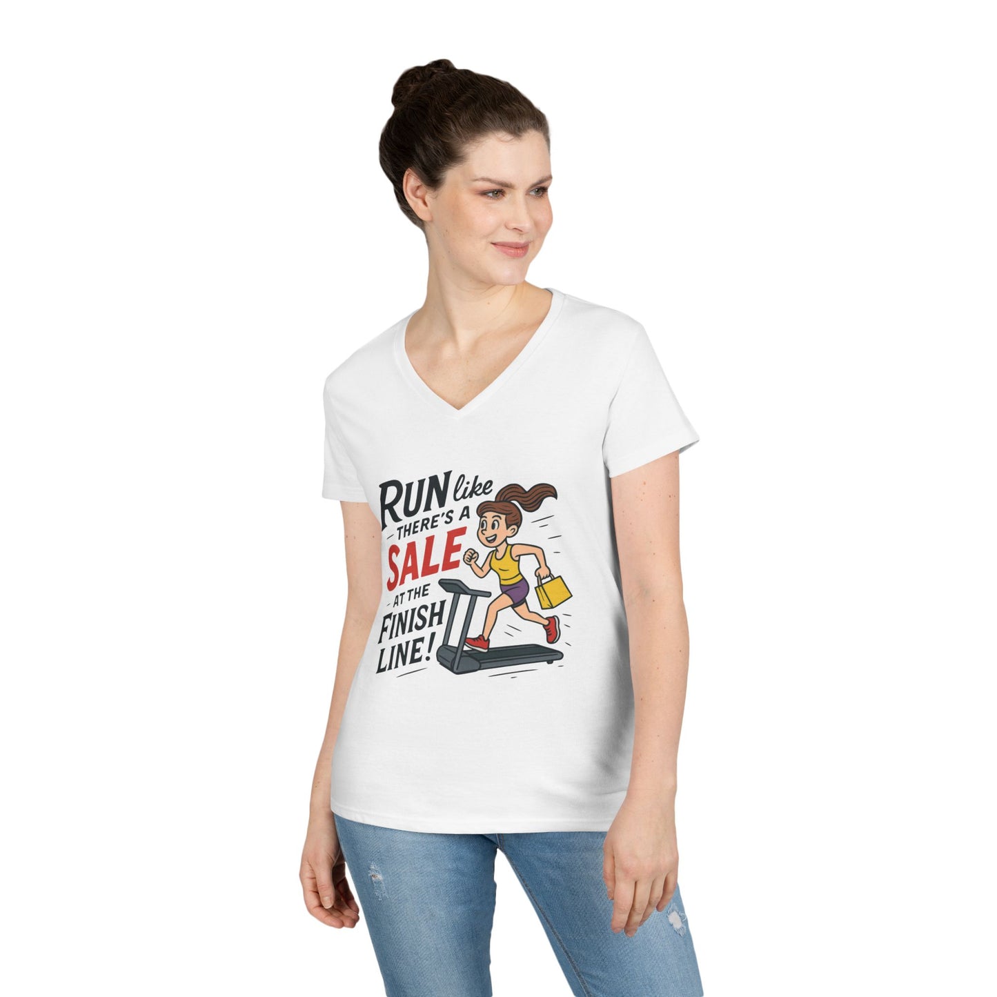 Ladies' V-Neck T-Shirt, Motivational Fitness Tee, Funny Gym Top, Funny Shopping Tee, Treadmill Runner Shirt for Her, For Sale Tee