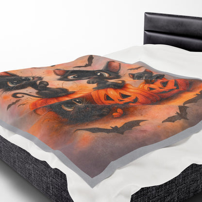 Cute Black Cats and Pumpkins Halloween Velveteen Plush Blanket, Cozy Fall Throw, Soft Cat Lover Gift, Kawaii Halloween Decor