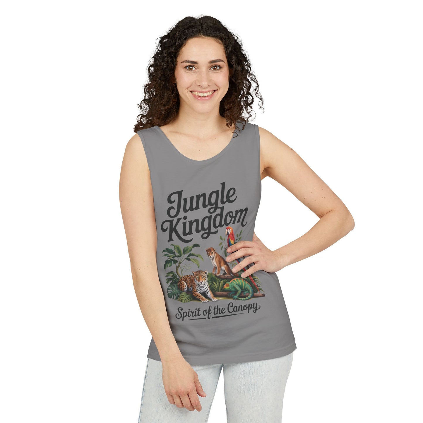 Jungle Kingdom Tank Top, Womens Garment-Dyed Sleeveless Shirt, Spirit of the Canopy Tee, Summer Outfit, Eco-Friendly Casual Wear