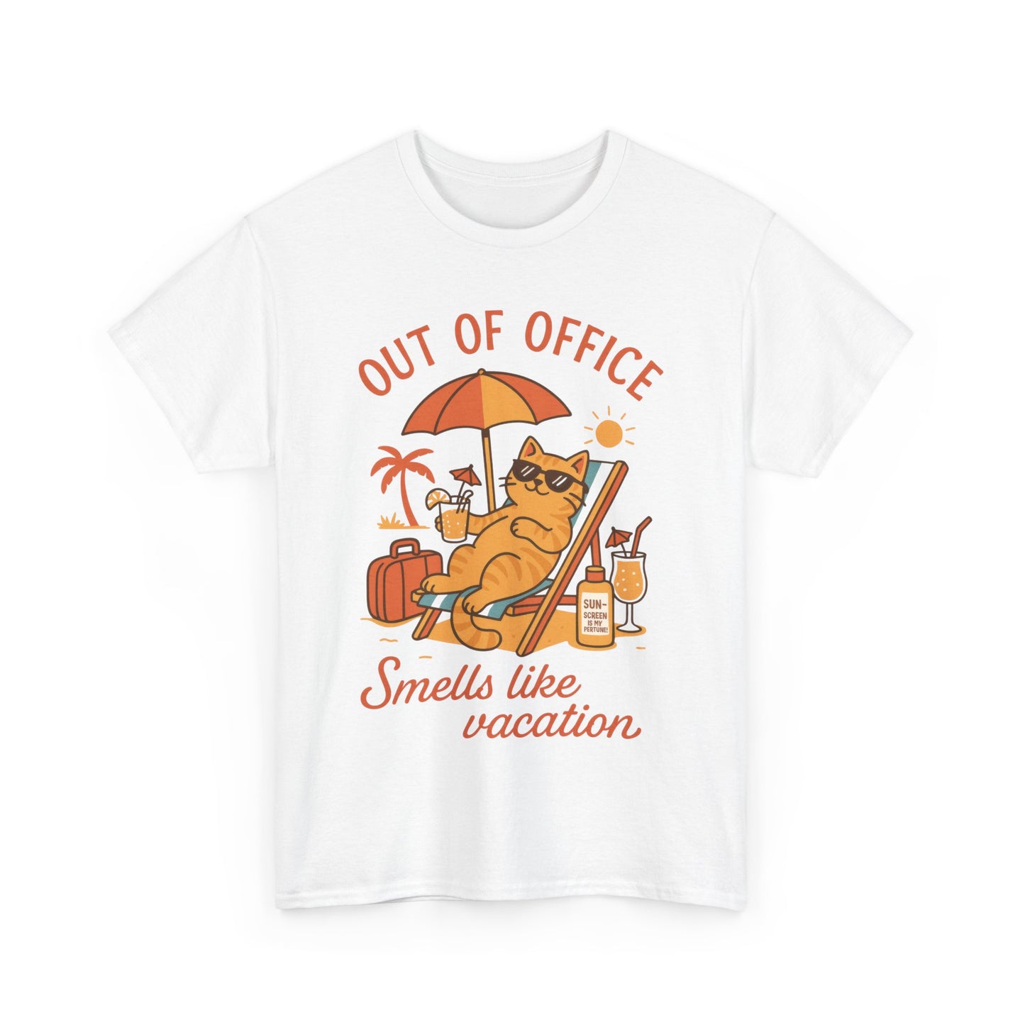 Cat Womens T-Shirt, Funny Vacation Tee with Cool Cat, Summer Beach Relax Shirt, Smells Like Vacation Gift for Her, Funny Cat Lover Gift