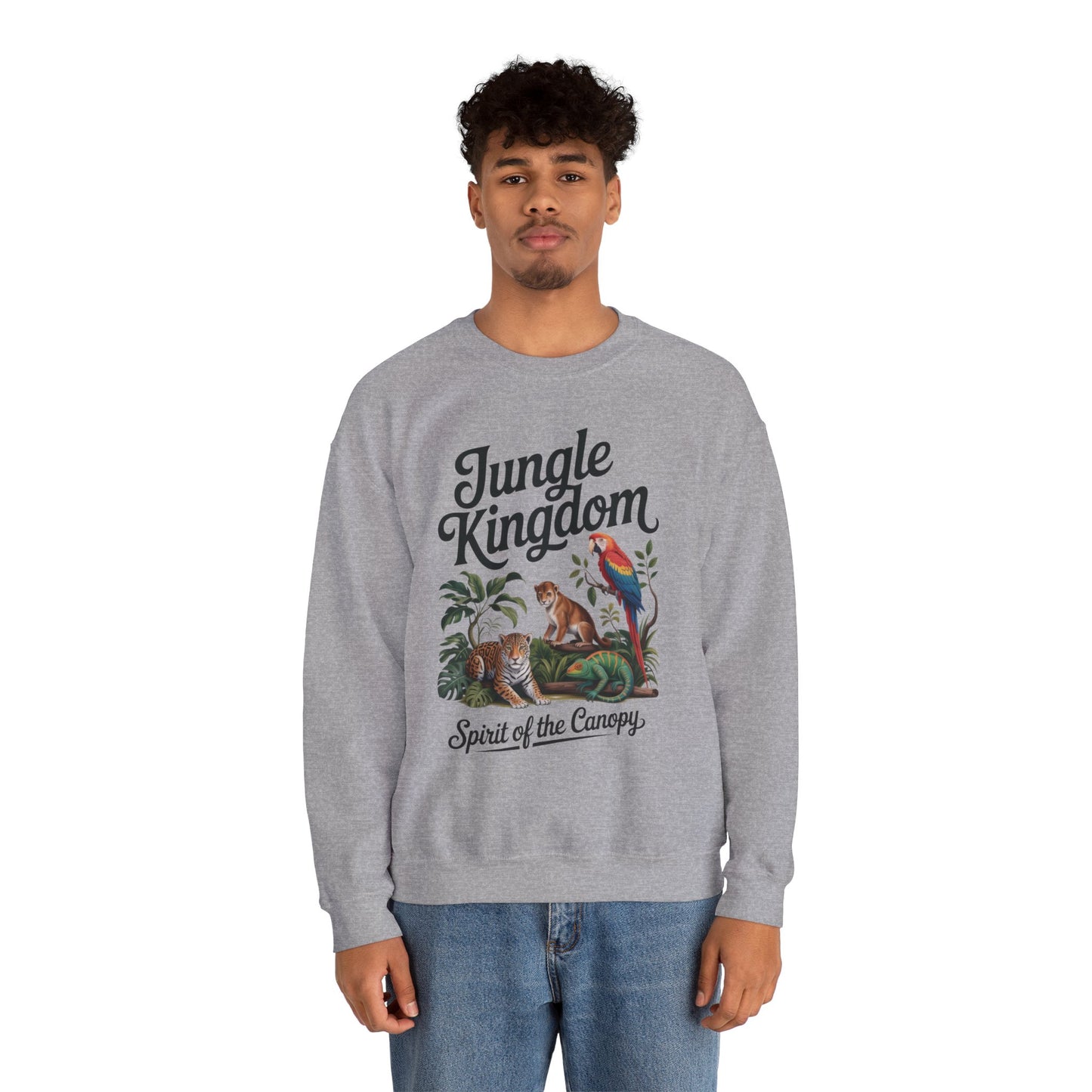 Jungle Kingdom Mens Sweatshirt, Cozy Jungle Crewneck, Nature Lover Gift, Wildlife Artwork, Eco-Conscious Apparel, Animal Enthusiast Clothing