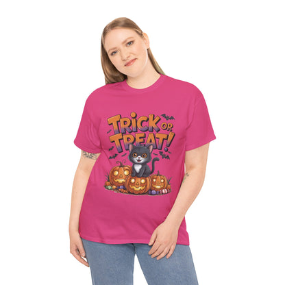 Cute Black Cat Trick or Treat Halloween T-Shirt for Women, Funny Pumpkin Cat Tee, Spooky Fall Shirt, Matching Family Halloween Shirts