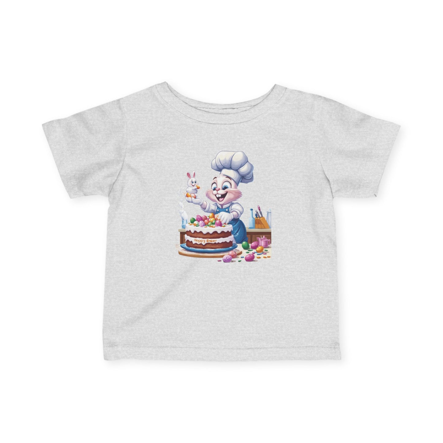 Hoppy Baker Easter Bunny Baby T-Shirt - Cute Infant Tee with Chef Bunny and Cake, Fun Spring Outfit for Babies, Easter Toddler Tee
