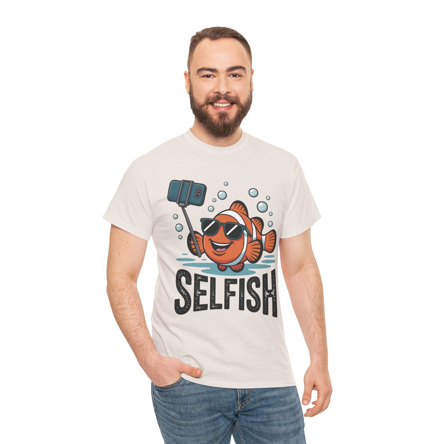 Unisex Heavy Cotton Tee, Mens Selfish Funny Fish T-Shirt, Cute Selfie Graphic Tee, Ocean Humor Shirt