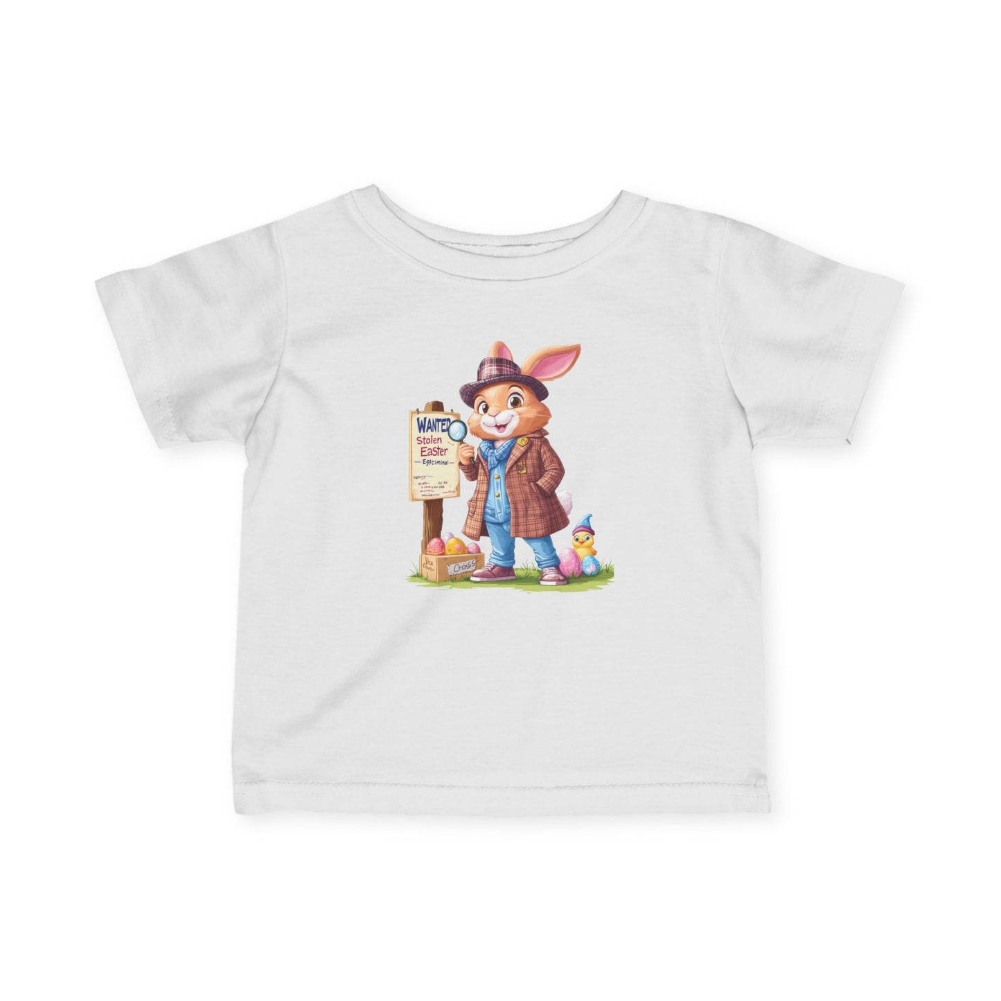Detective Bunny Baby Tee - Cute Easter Egg Hunt Shirt for Infants 6-24 Months, Fun Spring Outfit with Mystery Bunny & Colorful Eggs