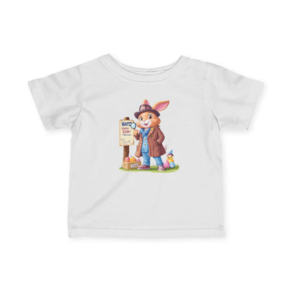 Detective Bunny Baby Tee - Cute Easter Egg Hunt Shirt for Infants 6-24 Months, Fun Spring Outfit with Mystery Bunny & Colorful Eggs