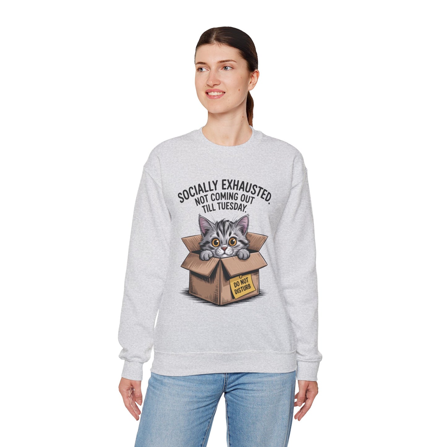 Socially Exhausted Cat Sweatshirt, Funny Cat Crewneck, Gift for Cat Lovers, Cozy Unisex Pullover, Weekend Comfort Apparel