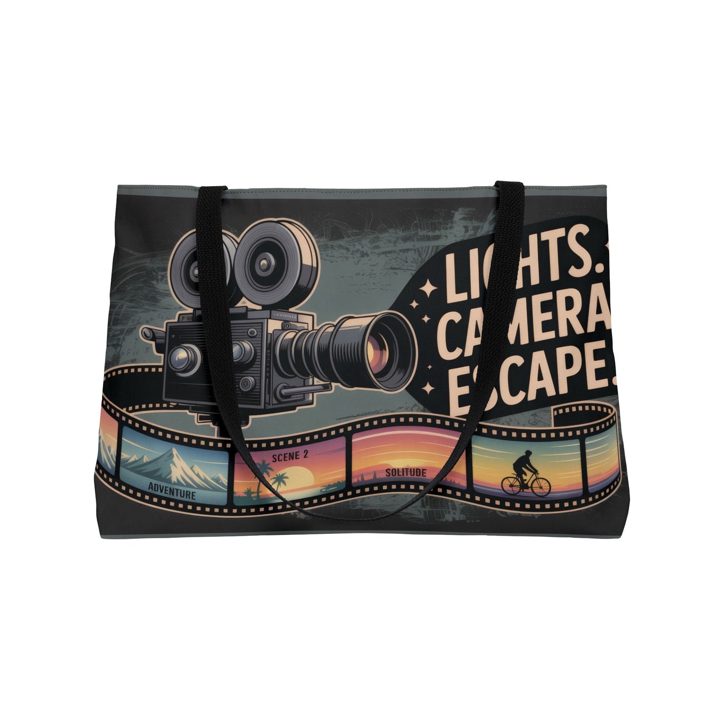 Lights Camera Escape Weekender Tote Bag, Travel Carry-All, Summer Beach Bag, Movie Lover Gift, Weekend Getaway Accessories