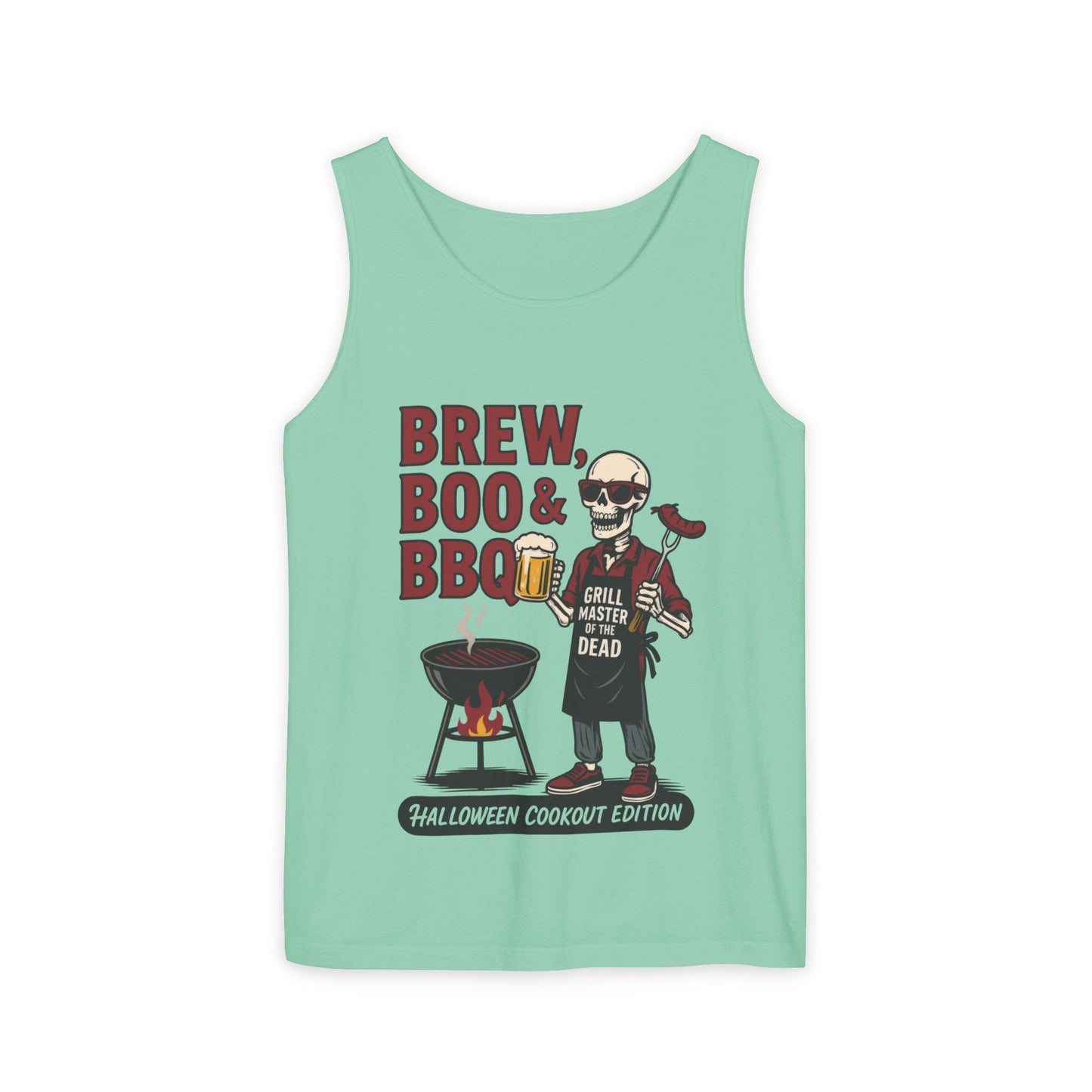 Halloween BBQ Men's Tank Top, Brew Boo & BBQ Skeleton Grill Master, Funny Dad Gift, Grill Master Top, Funny Skeleton Top