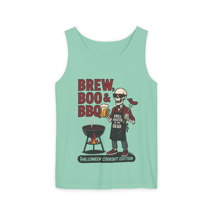 Halloween BBQ Men's Tank Top, Brew Boo & BBQ Skeleton Grill Master, Funny Dad Gift, Grill Master Top, Funny Skeleton Top