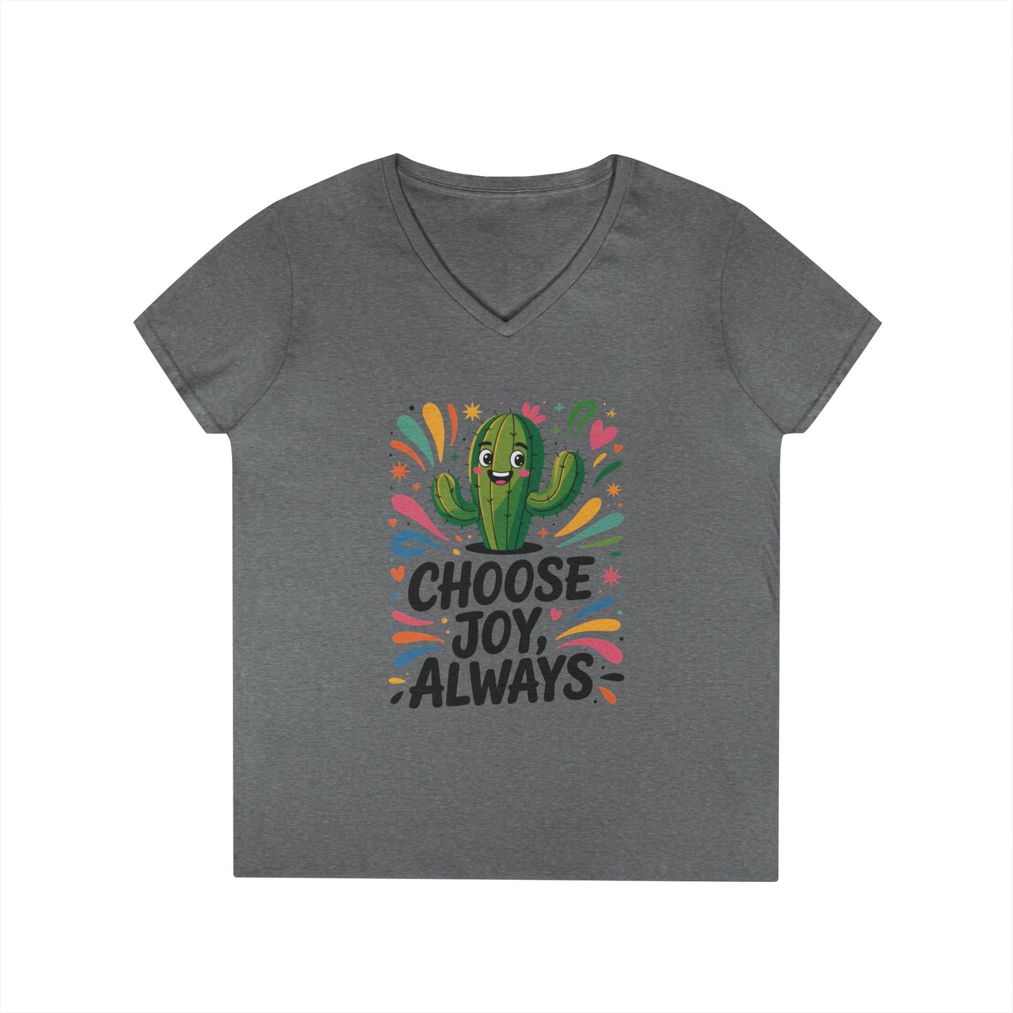 Choose Joy Cactus Ladies' V-Neck T-Shirt, Positive Vibe Shirt, Gift for Her, Summer Casual Tee, Inspirational Wear, Cute Graphic Top