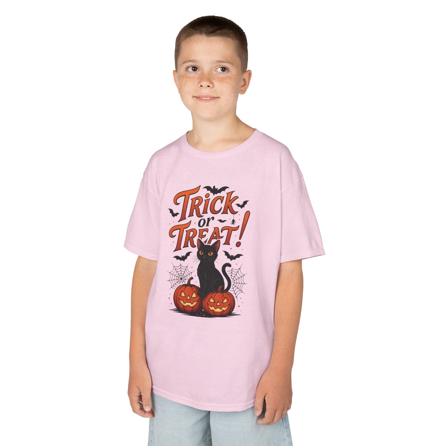 Cute Trick or Treat Black Cat T-Shirt for Girls Boys, Fun Spooky Halloween Tee, Pumpkin Cat Shirt for Kids, Fall Party Outfit