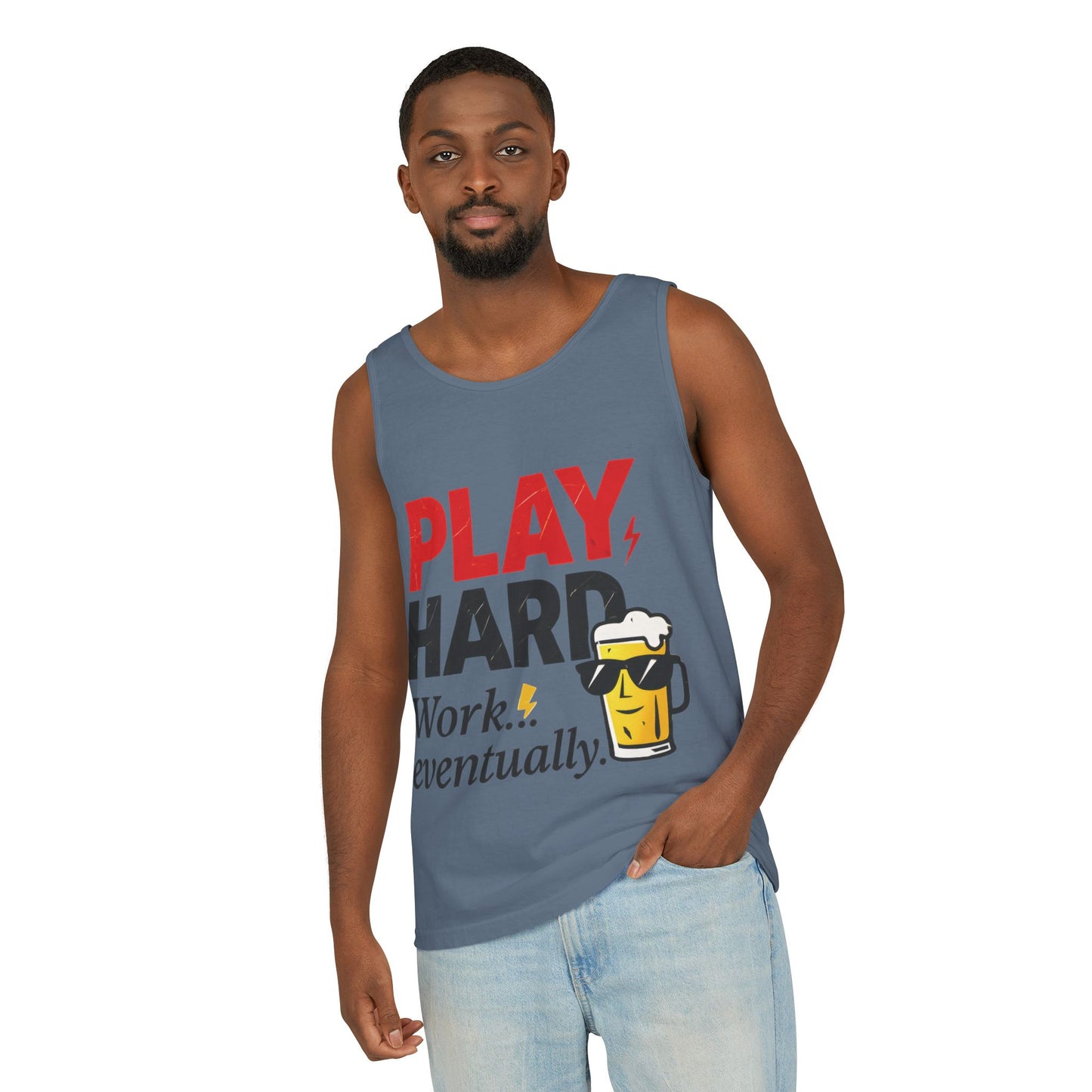 Casual Tank Top with Play Hard Print, Fun Summer Apparel, Gift for Dad or Friends, Beach Wear, Workout Top, Party Attire