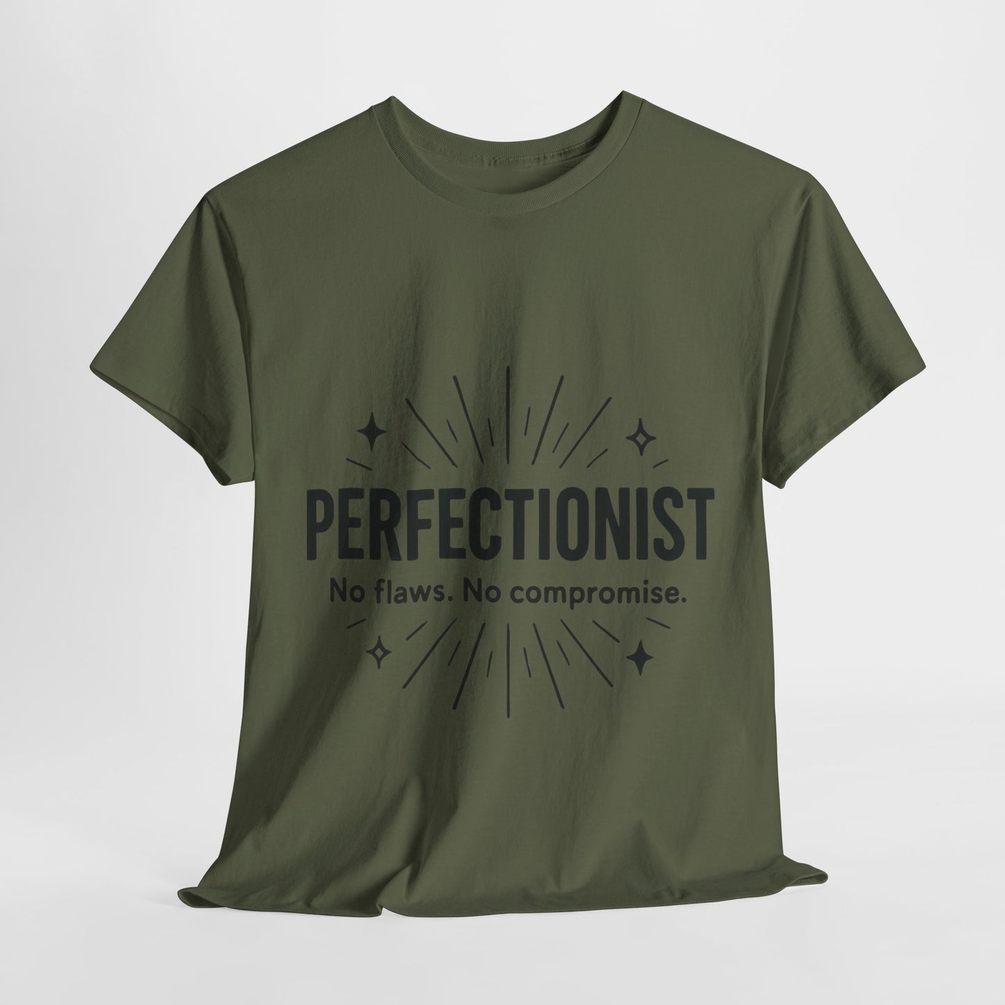 Mens Perfectionist T-Shirt, No Flaws No Compromise, Minimal Bold Graphic Tee, Gift for OCD, Clean Freak, or Detail-Oriented Men