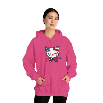 Cute Cat Patriot Women's Hoodie, Women's Heavy Blend Sweatshirt, Gift for Cat Lovers, 4th of July Apparel, Perfect for Independence Day