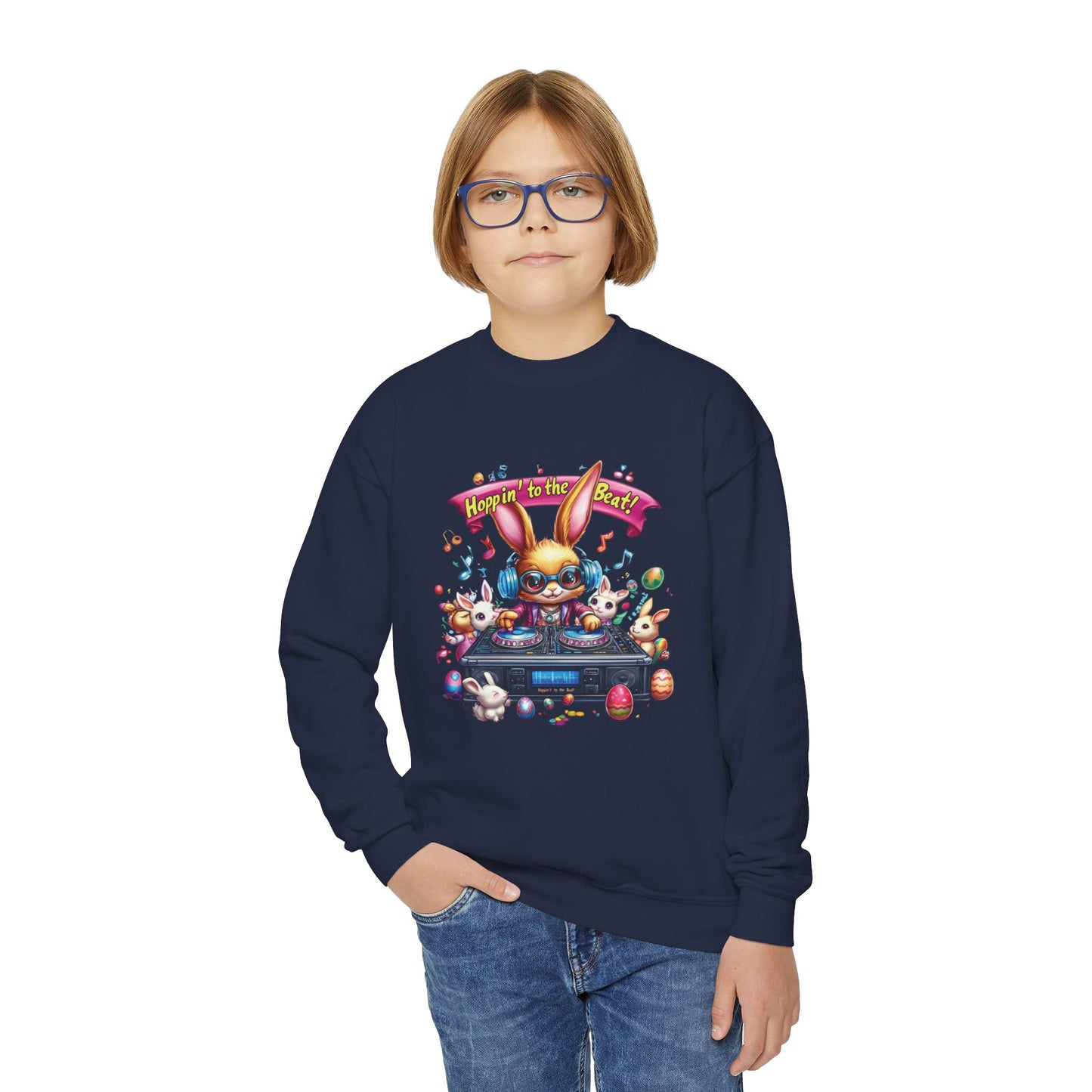 DJ Bunny Easter Kids Sweatshirt - Fun Music Bunny Crewneck for Spring, Hoppin' to the Beat Design, Cute Gift for Easter & Parties