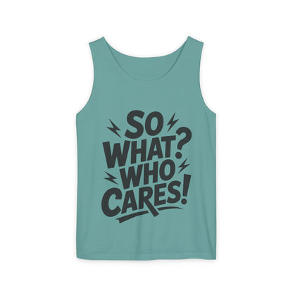 Mens Tank Top, "So What? Who Cares!", Casual Summer Wear, Beach Trip, Festival Outfit, Lightning Print, Sarcastic Summer Tee, Gym Tank