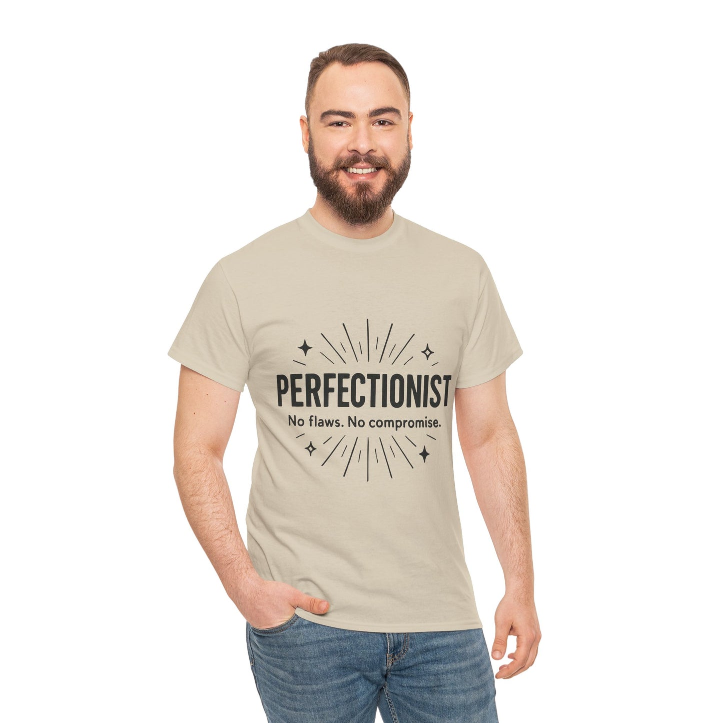 Mens Perfectionist T-Shirt, No Flaws No Compromise, Minimal Bold Graphic Tee, Gift for OCD, Clean Freak, or Detail-Oriented Men