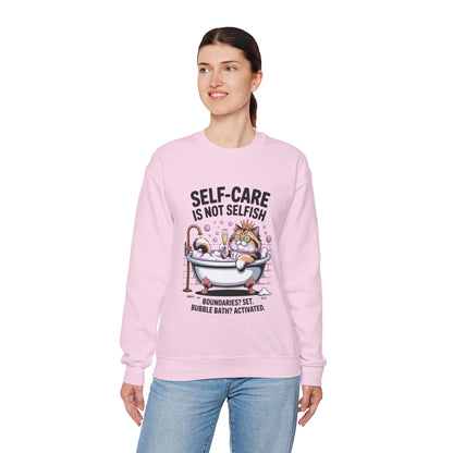 Womens Crewneck Sweatshirt, Self-Care Cat Shirt, Funny Cat Tee, Relaxing Kitty Graphic, Self Care Is Not Selfish Womens Sweatshirt