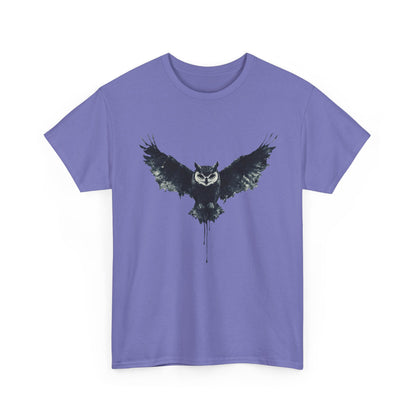 Cool Owl Graphic Unisex Heavy Cotton Tee, Flying Owl Ink Art T-Shirt, Nature Lover Gift, Animal Print Tee, Gothic Bird Graphic Tee