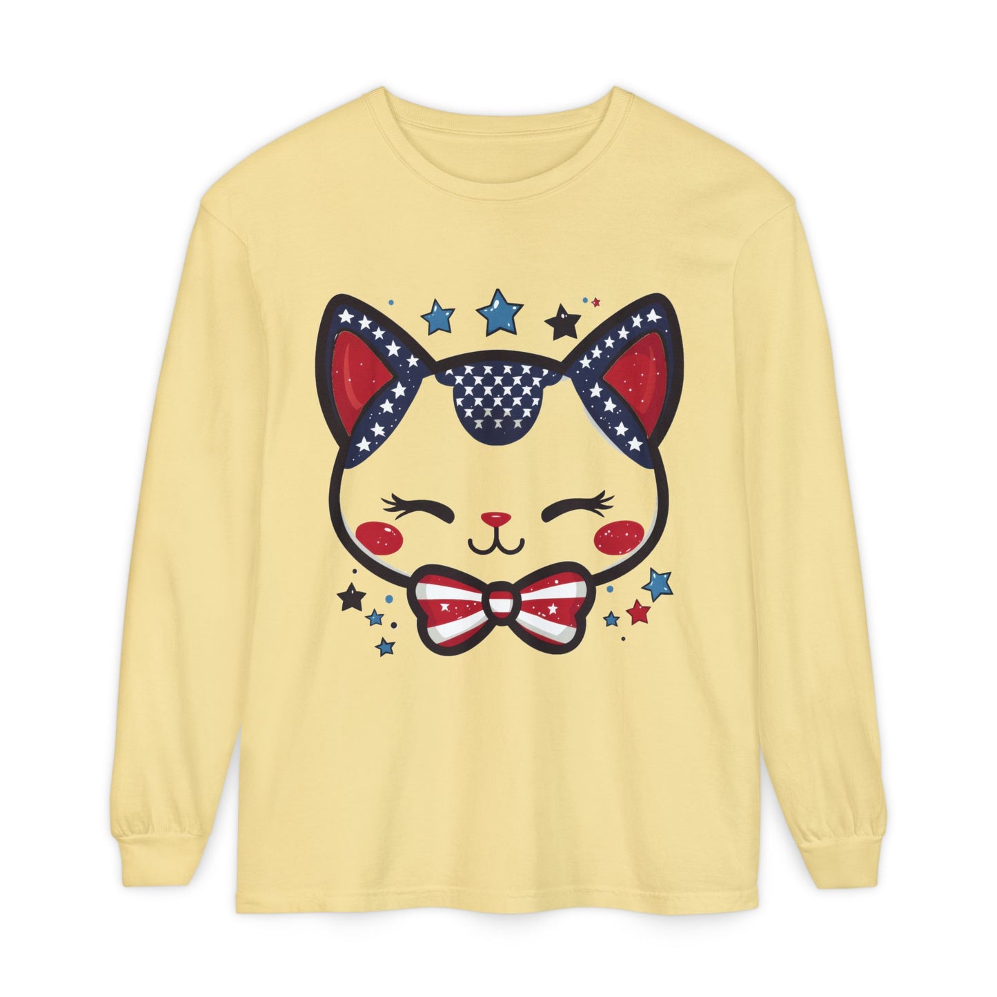 Cute Patriotic Cat Long Sleeve Women's T-Shirt, Fourth of July, Cat Lovers Gift, Casual Wear, Perfect for Holidays and Celebrations