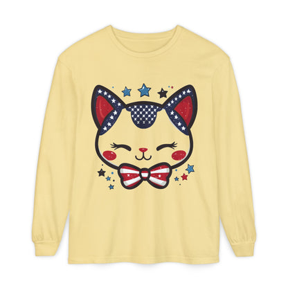 Cute Patriotic Cat Long Sleeve Women's T-Shirt, Fourth of July, Cat Lovers Gift, Casual Wear, Perfect for Holidays and Celebrations