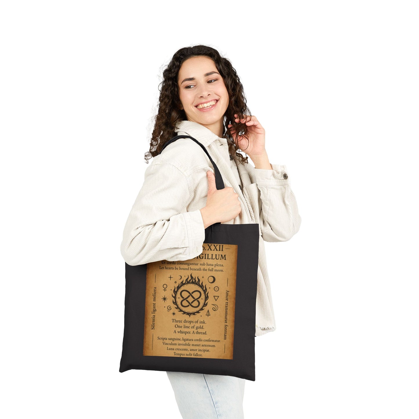 Amoris Sigillum Love Spell Tote Bag, Love Binding Sigil, Full Moon Romance Symbol, Mystic Heart Knot, Gothic Witch Spellbook Illustration